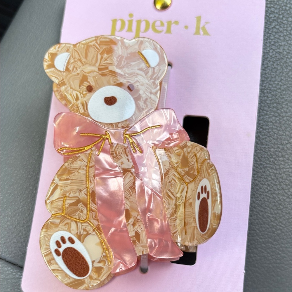 NWT Piper K Pink and Tan Teddy Bear Hair Claw Clip